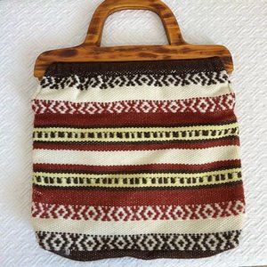Vintage Unbranded Woven Multicolored Boho Clutch Bag Purse Wood Handle Retro
